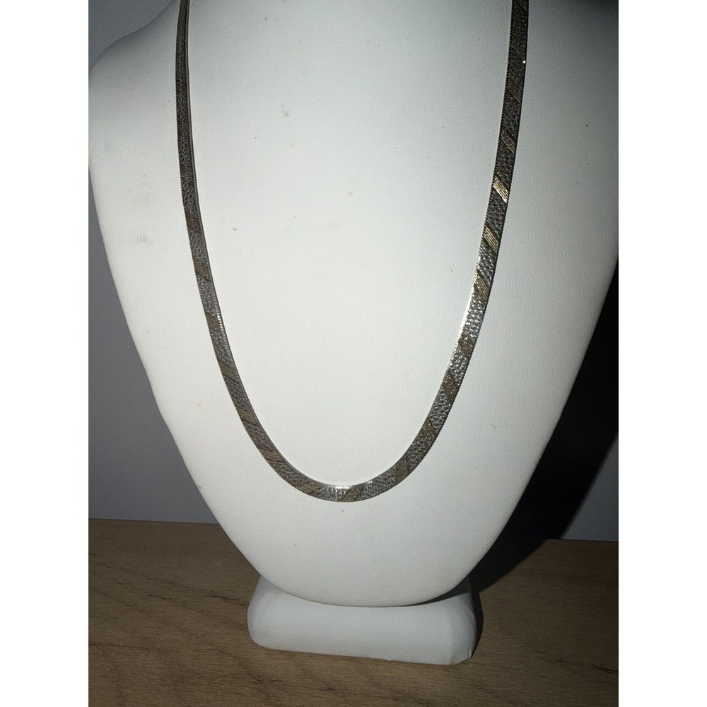 925 Sterling Italy Flat Herringbone Chain Necklace Lobster Clasp 2 Tone Reversib